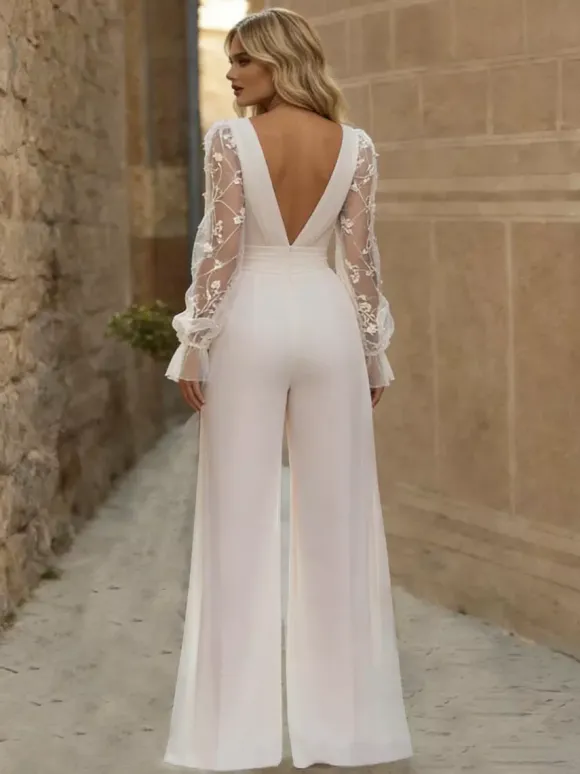 Combinaison de mariée en dentelle plissée longueur au sol col en V manches longues taille naturelle blanche
