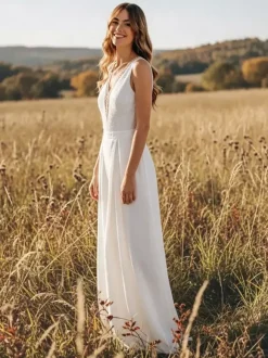 Combinaison de mariée en mousseline longue jusqu'au sol col en V sans manches taille naturelle ivoire
