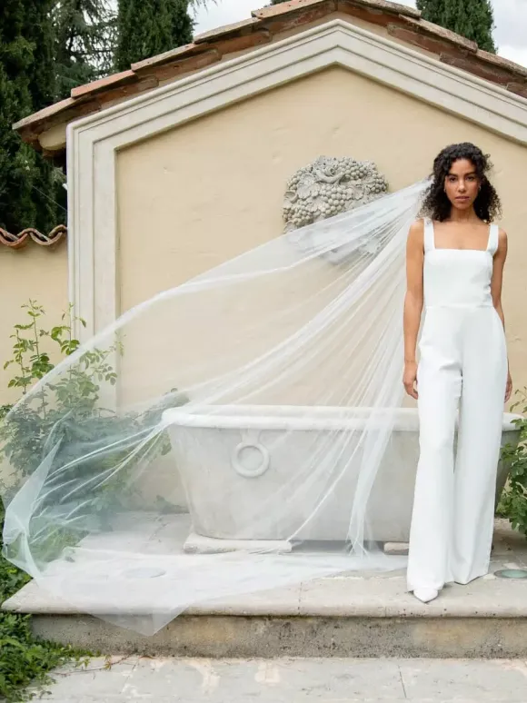 Combinaison de mariée en polyester et dentelle longueur au sol deux pièces décolleté illusion manches courtes taille naturelle blanc