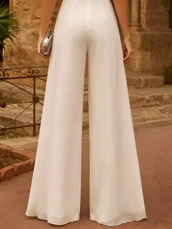 Combinaison de mariée 2 pièces en dentelle et mousseline longueur au sol col en V manches courtes taille naturelle couleur ivoire