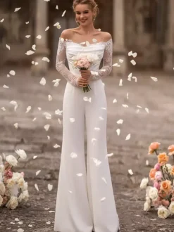 Combinaison de mariée Robe de mariée 2 Pièces Cou original Tissu de satin détail zip Robes de mariée