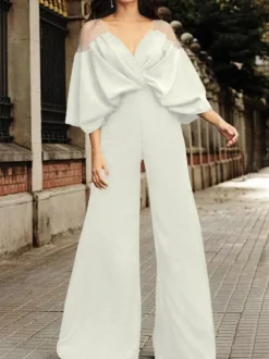 Combinaison de soirée noir col V manche bouffant en stretch crêpe Tenue de soirée femme