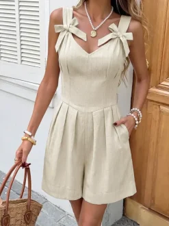 Combinaison de vacances combishort col V bretelles n艙ud papillon plissée taille haute poches plissées