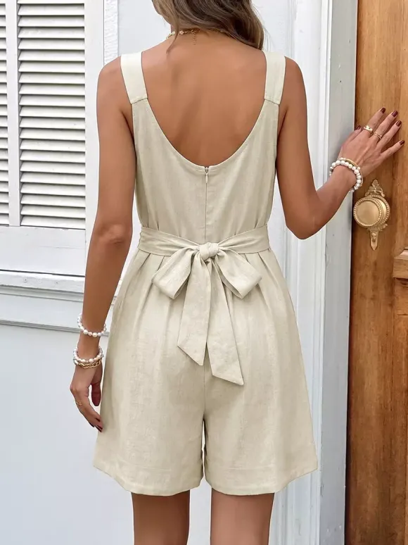 Combinaison de vacances combishort col V bretelles n艙ud papillon plissée taille haute poches plissées