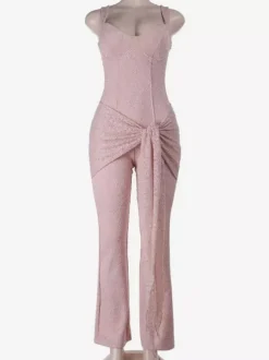 Combinaison en dentelle rose Fairycore pour femme - Combinaison évasée à nouer sur le devant - Tenue romantique d'été pour une soirée en amoureux 2026