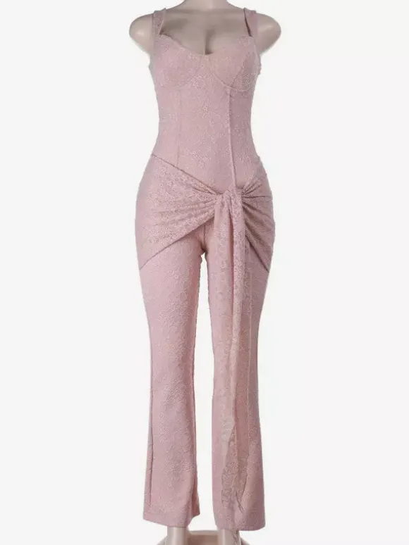 Combinaison en dentelle rose Fairycore pour femme - Combinaison évasée à nouer sur le devant - Tenue romantique d'été pour une soirée en amoureux 2026