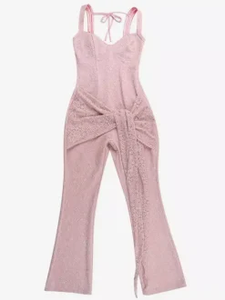 Combinaison en dentelle rose Fairycore pour femme - Combinaison évasée à nouer sur le devant - Tenue romantique d'été pour une soirée en amoureux 2026