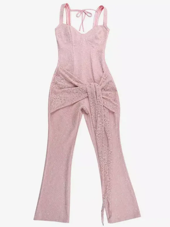 Combinaison en dentelle rose Fairycore pour femme - Combinaison évasée à nouer sur le devant - Tenue romantique d'été pour une soirée en amoureux 2026