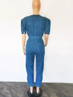 Combinaison en jean bleu délavé pour femme - Combinaison moulante rétro à manches bouffantes et ceinture zippée sur le devant - Style streetwear chic d'été 2026