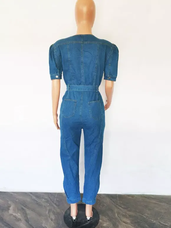 Combinaison en jean bleu délavé pour femme - Combinaison moulante rétro à manches bouffantes et ceinture zippée sur le devant - Style streetwear chic d'été 2026