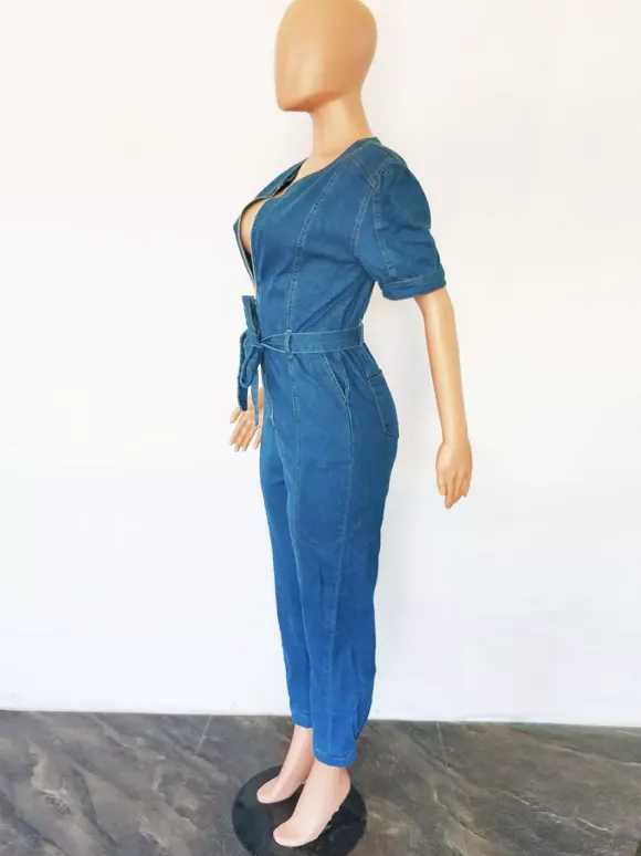 Combinaison en jean bleu délavé pour femme - Combinaison moulante rétro à manches bouffantes et ceinture zippée sur le devant - Style streetwear chic d'été 2026