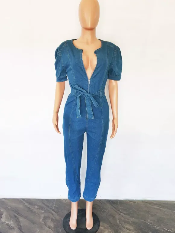 Combinaison en jean bleu délavé pour femme - Combinaison moulante rétro à manches bouffantes et ceinture zippée sur le devant - Style streetwear chic d'été 2026