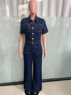 Combinaison en jean à coutures contrastées pour femme - Combinaison rétro bleu foncé délavée à manches courtes et jambes larges - Collection streetwear décontractée printemps 2026