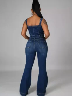 Combinaison en jean délavé boutonnée pour femme - Salopette bleu foncé rétro moulante à jambes évasées - Style streetwear chic d'été 2026