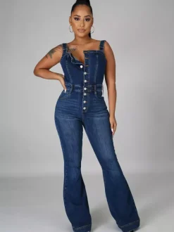 Combinaison en jean délavé boutonnée pour femme - Salopette bleu foncé rétro moulante à jambes évasées - Style streetwear chic d'été 2026
