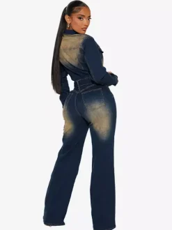 Combinaison en jean délavé pour femme - Combinaison cargo vintage bleu foncé à manches longues et ceinture - Collection printemps 2026