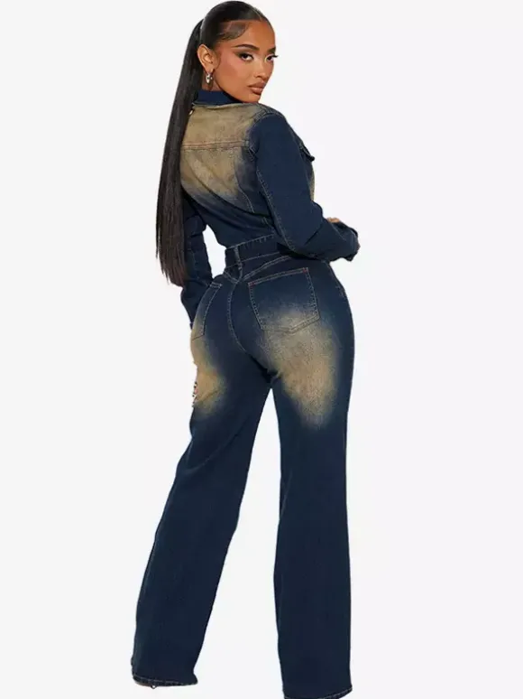 Combinaison en jean délavé pour femme - Combinaison cargo vintage bleu foncé à manches longues et ceinture - Collection printemps 2026