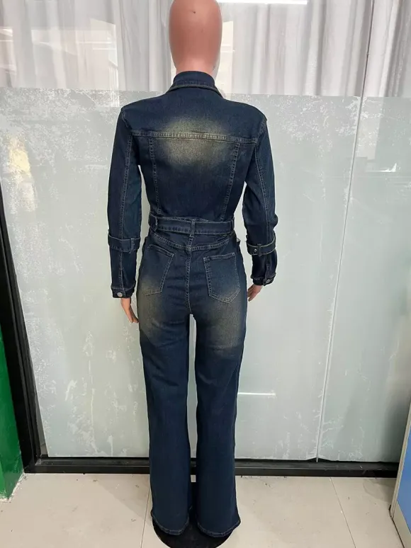 Combinaison en jean délavé pour femme - Combinaison cargo vintage bleu foncé à manches longues et ceinture - Collection printemps 2026