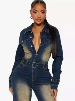 Combinaison en jean délavé pour femme - Combinaison cargo vintage bleu foncé à manches longues et ceinture - Collection printemps 2026