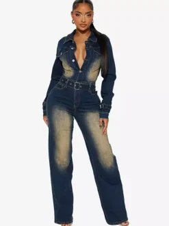 Combinaison en jean délavé pour femme - Combinaison cargo vintage bleu foncé à manches longues et ceinture - Collection printemps 2026