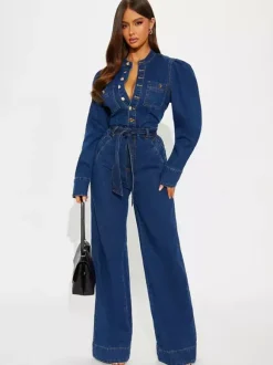 Combinaison en jean à manches bouffantes pour femme - Combinaison bleu foncé rétro à jambes larges et ceinture boutonnée sur le devant - Tenue décontractée de printemps 2026