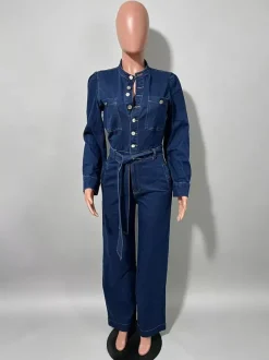 Combinaison en jean à manches bouffantes pour femme - Combinaison bleu foncé rétro à jambes larges et ceinture boutonnée sur le devant - Tenue décontractée de printemps 2026