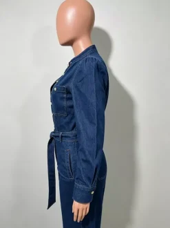 Combinaison en jean à manches bouffantes pour femme - Combinaison bleu foncé rétro à jambes larges et ceinture boutonnée sur le devant - Tenue décontractée de printemps 2026