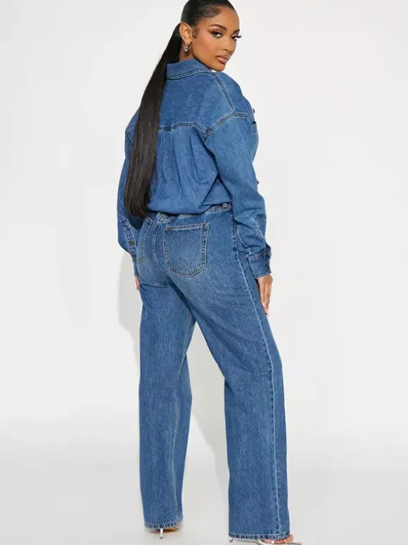Combinaison en jean à manches longues pour femme - Combinaison une pièce bleue à boutons et jambes droites - Style streetwear décontracté printemps 2026