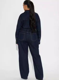 Combinaison en jean à manches longues pour femme - Combinaison une pièce bleue à boutons et jambes droites - Style streetwear décontracté printemps 2026