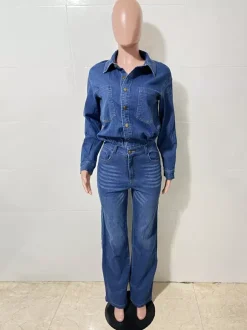 Combinaison en jean à manches longues pour femme - Combinaison une pièce bleue à boutons et jambes droites - Style streetwear décontracté printemps 2026