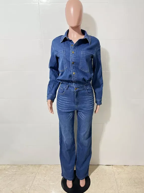 Combinaison en jean à manches longues pour femme - Combinaison une pièce bleue à boutons et jambes droites - Style streetwear décontracté printemps 2026