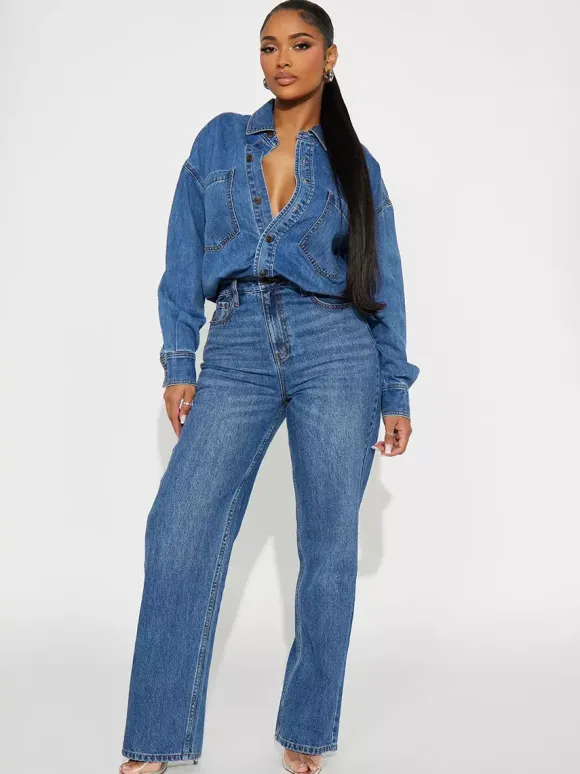 Combinaison en jean à manches longues pour femme - Combinaison une pièce bleue à boutons et jambes droites - Style streetwear décontracté printemps 2026