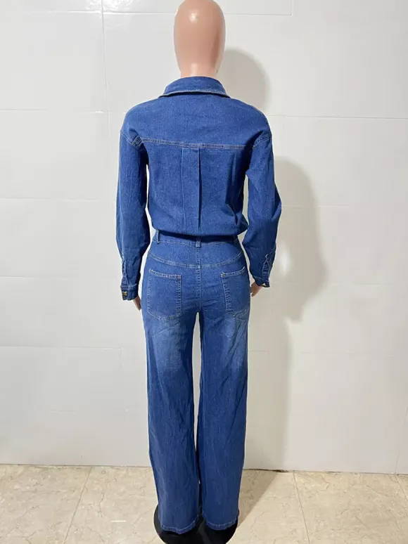 Combinaison en jean à manches longues pour femme - Combinaison une pièce bleue à boutons et jambes droites - Style streetwear décontracté printemps 2026