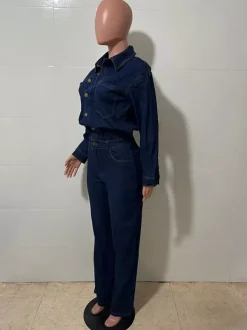 Combinaison en jean à manches longues pour femme - Combinaison une pièce bleue à boutons et jambes droites - Style streetwear décontracté printemps 2026