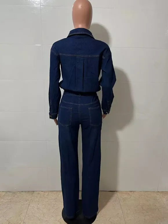 Combinaison en jean à manches longues pour femme - Combinaison une pièce bleue à boutons et jambes droites - Style streetwear décontracté printemps 2026