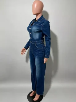Combinaison en jean à manches longues pour femme - Délavage foncé vintage coupe slim jambes droites fermeture boutonnée - Printemps/Été 2026