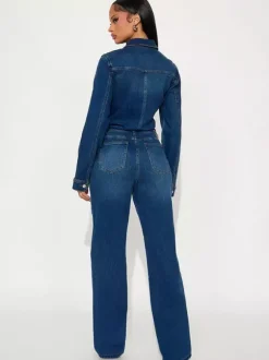 Combinaison en jean à manches longues pour femme - Délavage foncé vintage coupe slim jambes droites fermeture boutonnée - Printemps/Été 2026