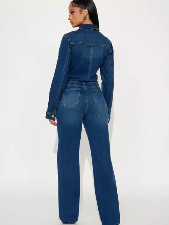 Combinaison en jean à manches longues pour femme - Délavage foncé vintage coupe slim jambes droites fermeture boutonnée - Printemps/Été 2026