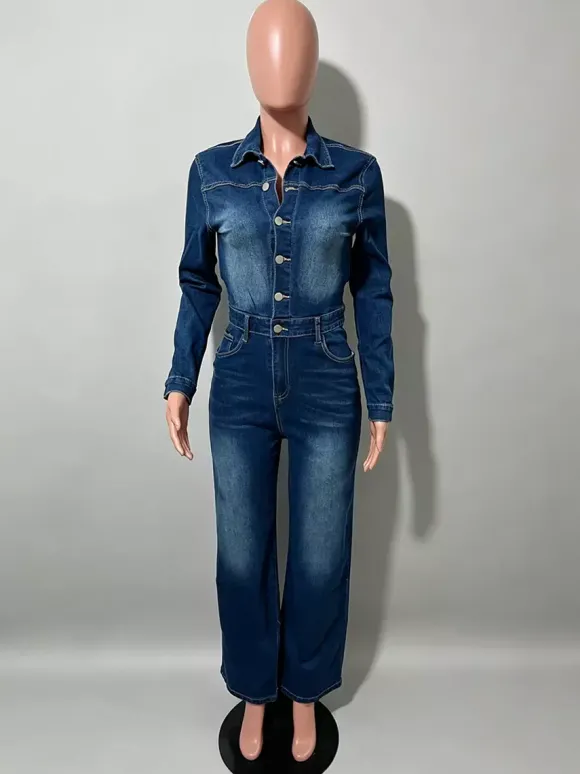 Combinaison en jean à manches longues pour femme - Délavage foncé vintage coupe slim jambes droites fermeture boutonnée - Printemps/Été 2026
