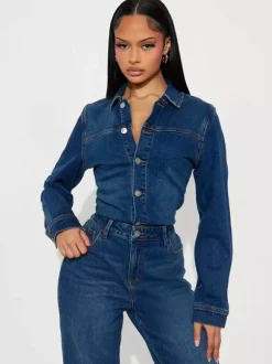 Combinaison en jean à manches longues pour femme - Délavage foncé vintage coupe slim jambes droites fermeture boutonnée - Printemps/Été 2026
