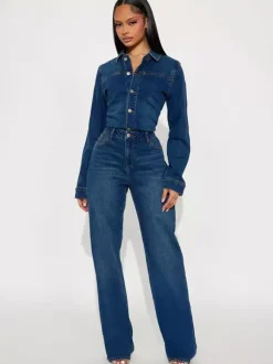Combinaison en jean à manches longues pour femme - Délavage foncé vintage coupe slim jambes droites fermeture boutonnée - Printemps/Été 2026