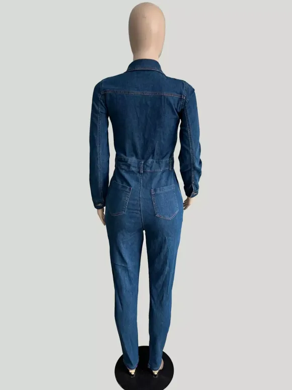 Combinaison en jean skinny pour femme - Délavage foncé sexy moulante taille à cordon coupe slim - Collection printemps décontractée 2026