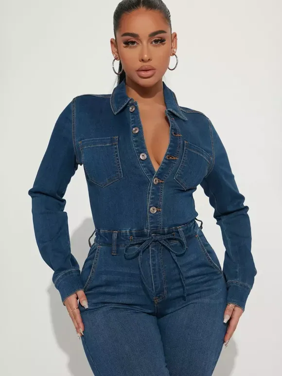 Combinaison en jean skinny pour femme - Délavage foncé sexy moulante taille à cordon coupe slim - Collection printemps décontractée 2026