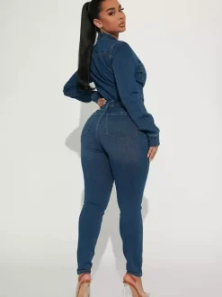 Combinaison en jean skinny pour femme - Délavage foncé sexy moulante taille à cordon coupe slim - Collection printemps décontractée 2026