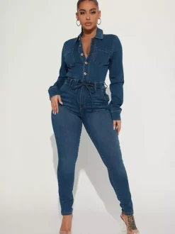 Combinaison en jean skinny pour femme - Délavage foncé sexy moulante taille à cordon coupe slim - Collection printemps décontractée 2026