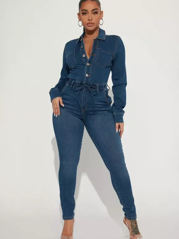 Combinaison en jean skinny pour femme - Délavage foncé sexy moulante taille à cordon coupe slim - Collection printemps décontractée 2026