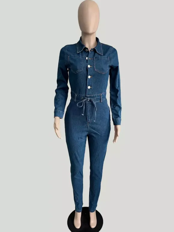 Combinaison en jean skinny pour femme - Délavage foncé sexy moulante taille à cordon coupe slim - Collection printemps décontractée 2026