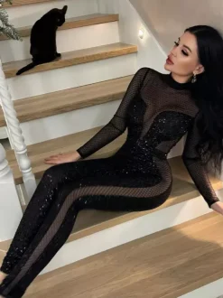Combinaison en résille à sequins pour femme - Body sexy noir transparent à manches longues - Tenue de soirée printanière 2026