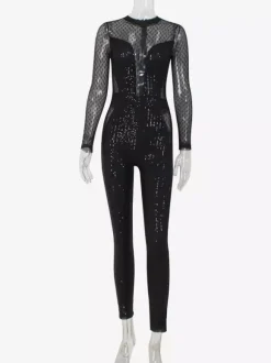 Combinaison en résille à sequins pour femme - Body sexy noir transparent à manches longues - Tenue de soirée printanière 2026