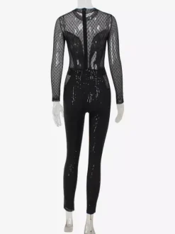 Combinaison en résille à sequins pour femme - Body sexy noir transparent à manches longues - Tenue de soirée printanière 2026
